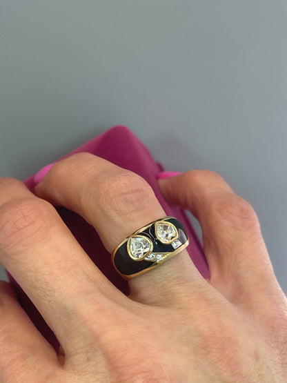 Vintage 1980s Black Enamel Ring with Clear Heart Shaped Crystals 18k Gold Plated Made in USA #R4343