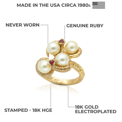 A Vintage Pearl Beads with Genuine Ruby Accents 18k Gold Electroplated Made in USA #R768