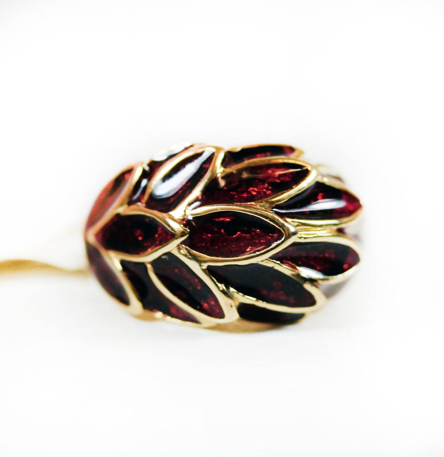 Vintage Ring 1970s Deep Ruby Enamel with Sparkle Undertone Leaf Motif 18k Gold Ring #R1933 Antique Womans Rings - Limited Stock - Never Worn