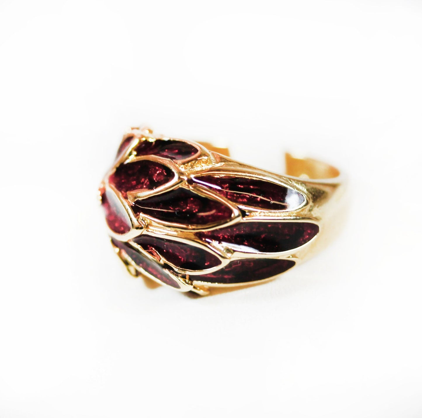 Vintage 1970s Deep Ruby Enamel Leaf Motif 18k Gold Electroplated Ring jewelry image 1
