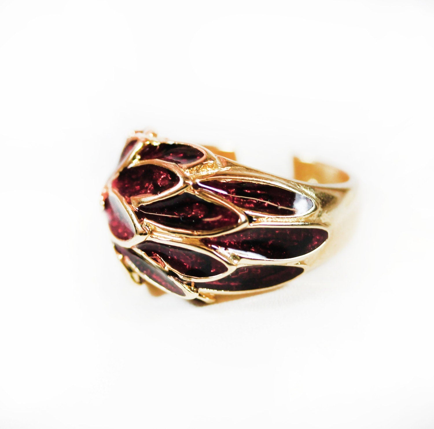 Vintage 1970s Deep Ruby Enamel Leaf Motif 18k Gold Electroplated Ring jewelry image 1