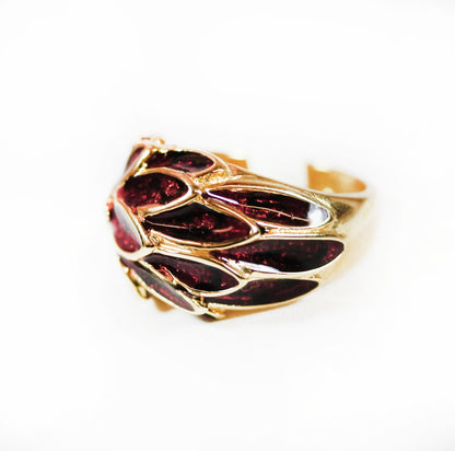 Vintage 1970s Deep Ruby Enamel Leaf Motif 18k Gold Electroplated Ring jewelry image 1