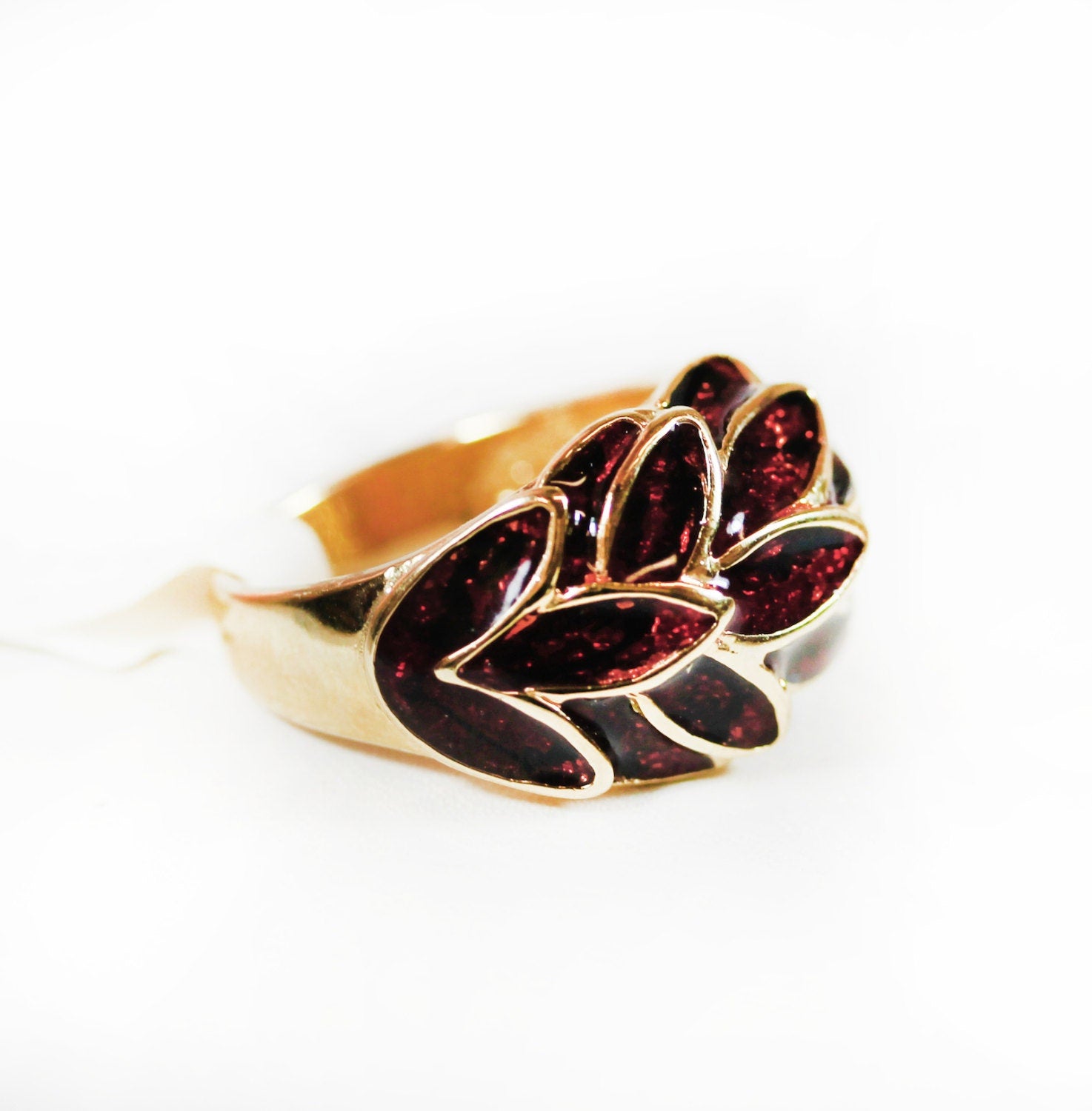 Vintage Ring 1970s Deep Ruby Enamel with Sparkle Undertone Leaf Motif 18k Gold Ring #R1933 Antique Womans Rings - Limited Stock - Never Worn