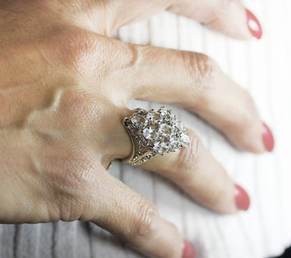 Vintage Ring Cocktail Ring Swarovski Crystals 18k White Gold Silver April Birthstone Large Ornate Rings #R284 - Limited Stock - Never Worn