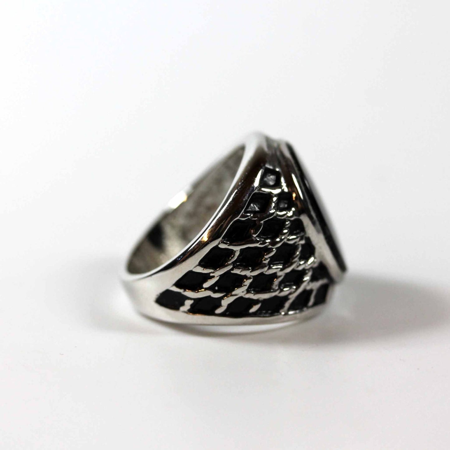 Vintage 1980s Mens Genuine Onyx Antiqued Rhodium Plated Silver Tone Ring Unisex Made in USA New Old Stock #R1052