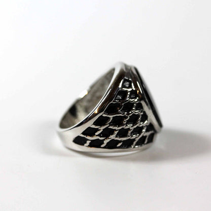 Vintage 1980s Mens Genuine Onyx Antiqued Rhodium Plated Silver Tone Ring Unisex Made in USA New Old Stock #R1052
