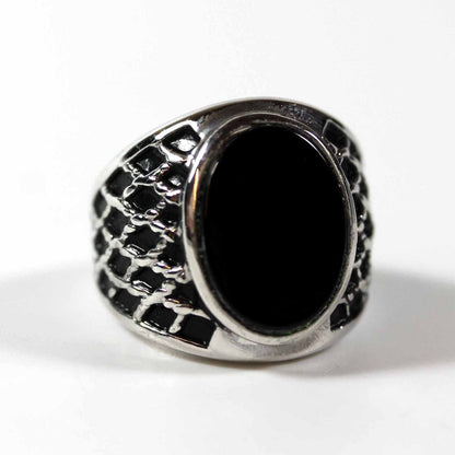 Vintage 1980s Mens Genuine Onyx Antiqued Rhodium Plated Silver Tone Ring Unisex Made in USA New Old Stock #R1052