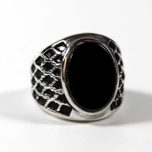 Vintage 1980s Mens Genuine Onyx Antiqued Rhodium Plated Silver Tone Ring Unisex Made in USA New Old Stock #R1052