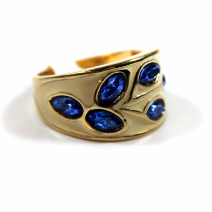 Vintage 1980s White Enamel set with Sapphire Swarovski Crystals Leaf Motif Band 18k Yellow Gold Electroplated Made in USA #R3043