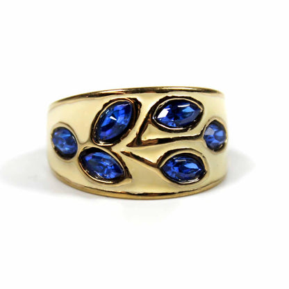 Vintage 1980s White Enamel set with Sapphire Swarovski Crystals Leaf Motif Band 18k Yellow Gold Electroplated Made in USA #R3043