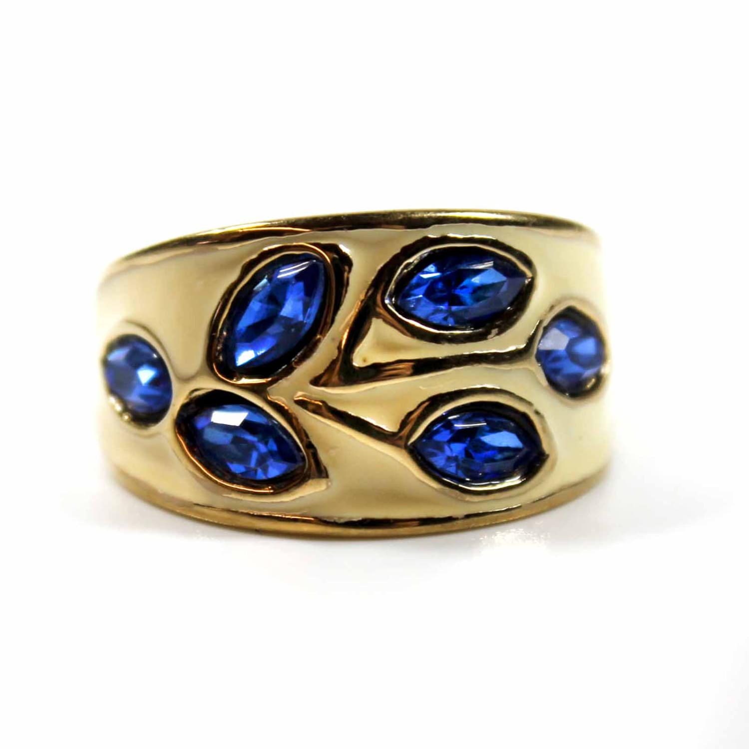 Vintage 1980s White Enamel set with Sapphire Swarovski Crystals Leaf Motif Band 18k Yellow Gold Electroplated Made in USA #R3043