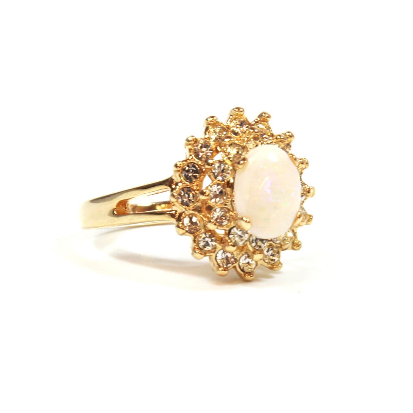 Vintage Ring Genuine Opal with Clear Swarovski Crystals 18k Gold Cocktail Ring Antique Womans Jewelry #R1352 - Limited Stock - Never Worn