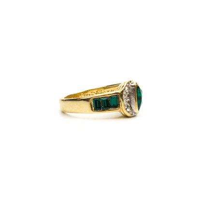 Vintage Ring Pave Trillion Cut Emerald and Clear Swarovski Crystal Ring 18k Gold Antique Womans Jewlery R2932 - Limited Stock - Never Worn