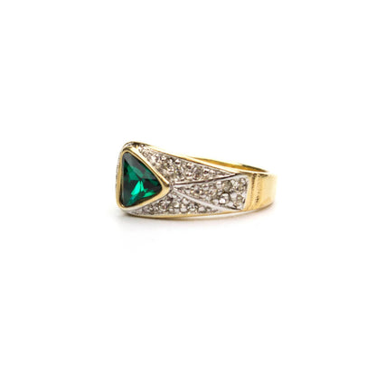 Vintage Ring Pave Trillion Cut Emerald and Clear Swarovski Crystal Ring 18k Gold Antique Womans Jewlery R2932 - Limited Stock - Never Worn