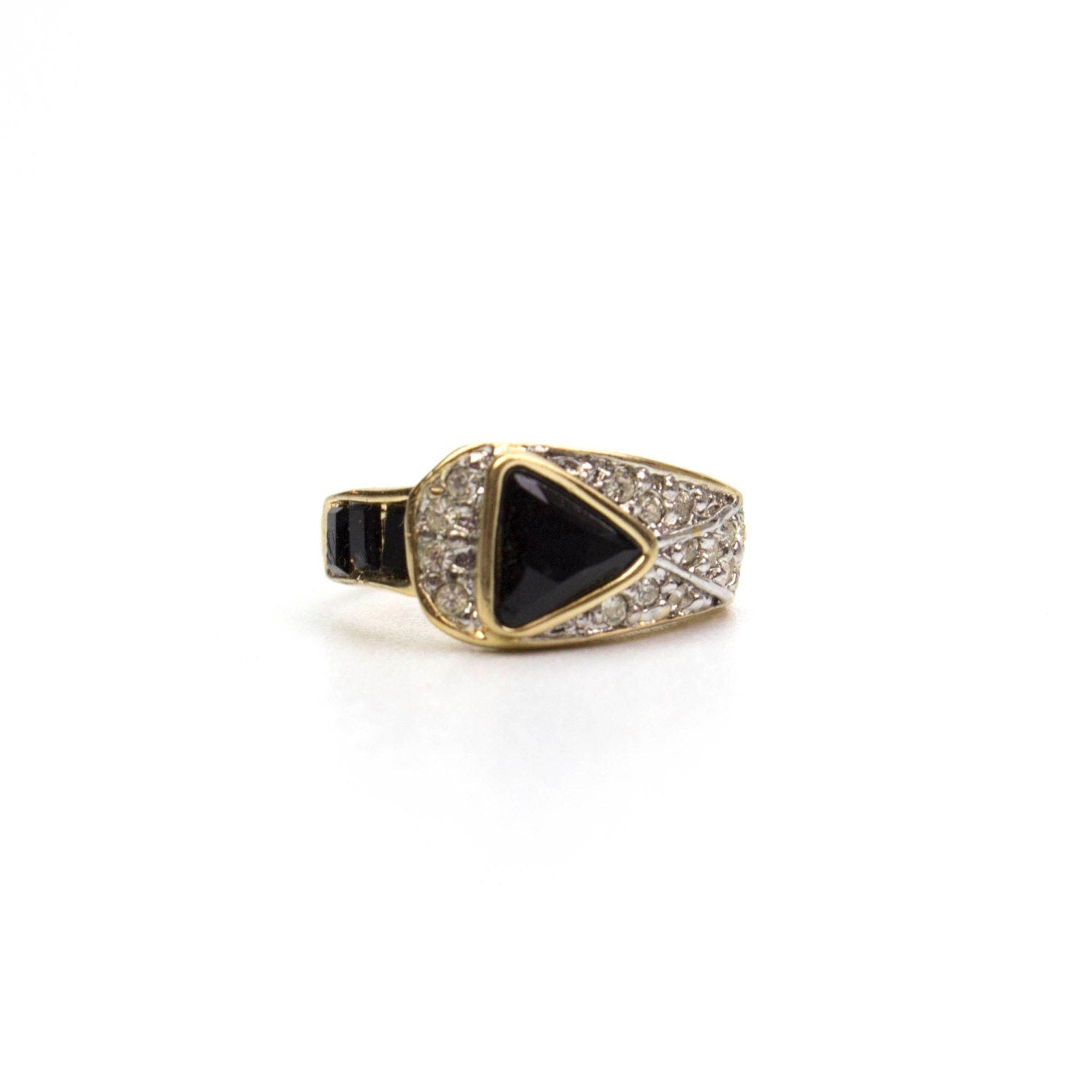 Vintage Ring Pave Trillion Cut Black and Clear Swarovski Crystals 18k Gold  R2932 - Limited Stock - Never Worn