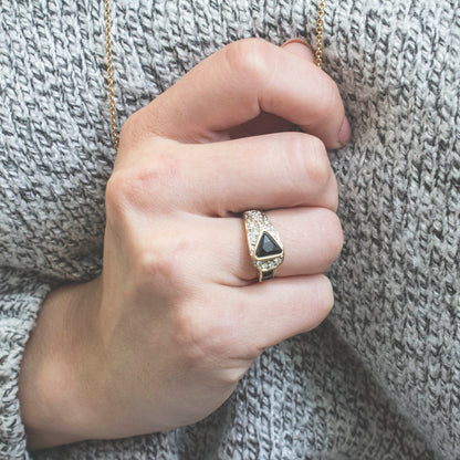 Vintage Ring Pave Trillion Cut Black and Clear Swarovski Crystals 18k Gold  R2932 - Limited Stock - Never Worn