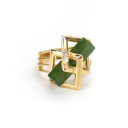 Vintage Ring Retro Glass Jade Clear Crystals 18k Gold Cocktail Ring Antique Womans Jewelry Jade Rings #R368 Size: 5