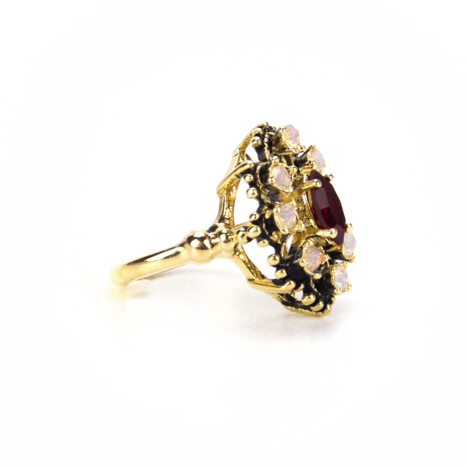 Vintage Filigree Cocktail Ring Ruby Red Swarovski Crystal and Pinfire Opals Edwardian Style Antique Jewelry 18k Gold  #R250 - LIMITED SUPPLY