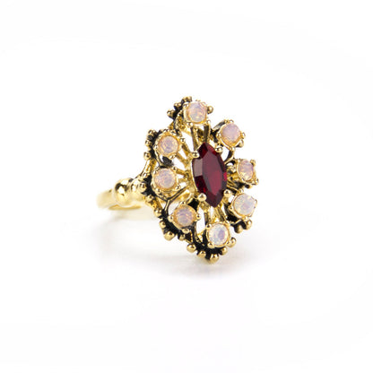 Vintage Filigree Cocktail Ring Ruby Red Swarovski Crystal and Pinfire Opals Edwardian Style Antique Jewelry 18k Gold  #R250 - LIMITED SUPPLY