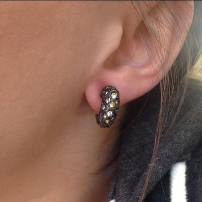 Vintage Earrings Oscar De La Renta Hematite Plated Open Post Hoop Earrings set with Swarovski Crystals #OS140