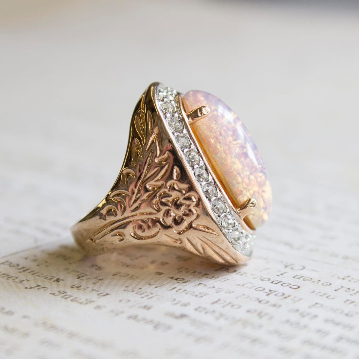 Vintage Ring Large Harlequin Opal and Clear Swarovski Crystals 18k Antique Gold Cocktail Ring Womans #R527 - Limited Stock - Never Worn