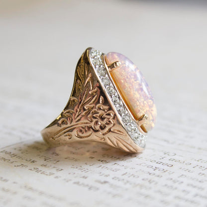 Vintage Ring Large Harlequin Opal and Clear Swarovski Crystals 18k Antique Gold Cocktail Ring Womans #R527 - Limited Stock - Never Worn