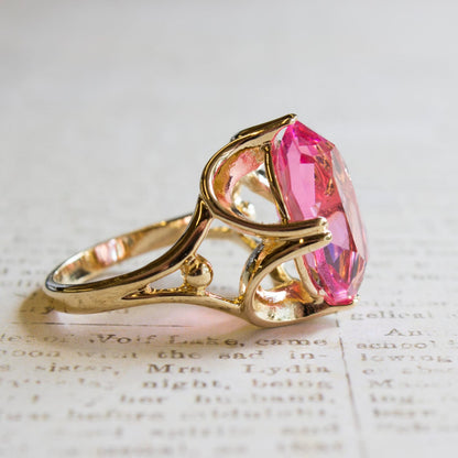 A Vintage Ring 1970s Cocktail Ring with Rose Swarovski Crystal 18k Gold Antique Womans Jewelry Rings Size #R419 - Limited Stock - Never Worn