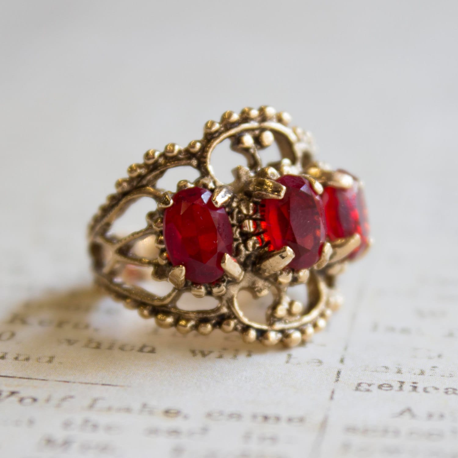 Vintage Filigree Ring with Three Ruby Red Austrian Crystals - Antiqued 18k Yellow Gold Electroplated jewelry image 1