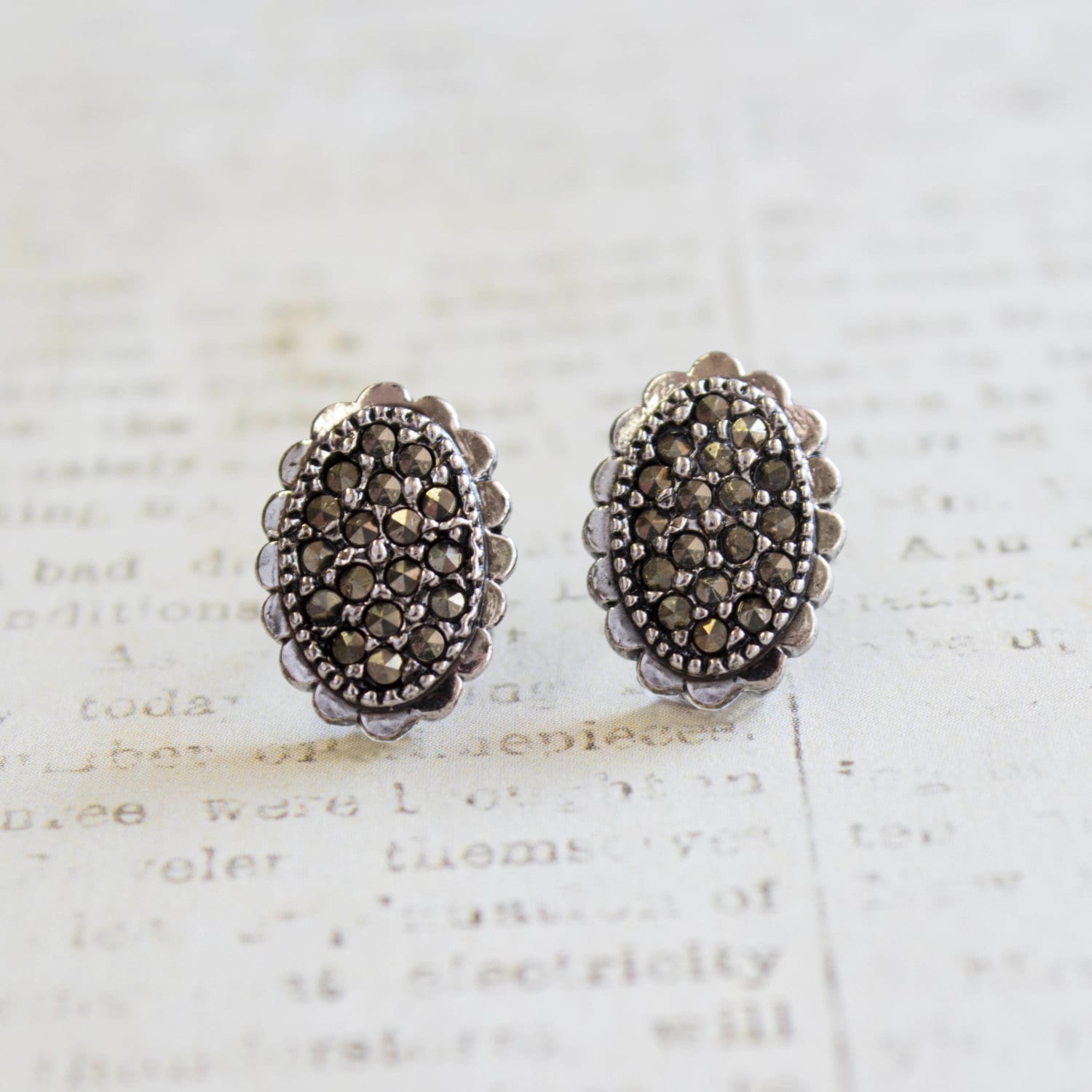 Vintage Earrings Genuine Marcasite Pave Posts Antique 18k White Gold ...