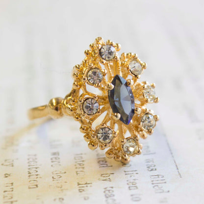 Vintage Marquise Cut Sapphire Crystal Cocktail Ring with Clear Crystals - 18k Gold Electroplated jewelry image 1