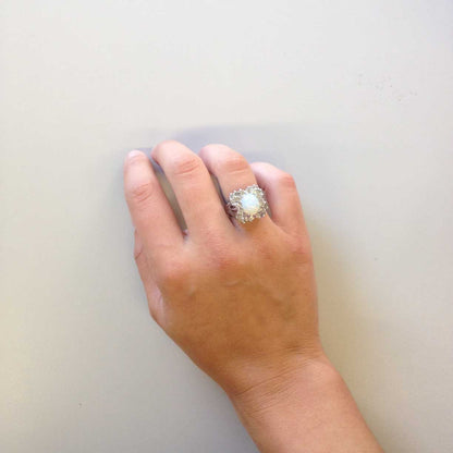 Vintage Ring Pinfire Opal and Clear Swarovski Crystal Ring 18k White Gold Silver  #R199 - Limited Stock - Never Worn