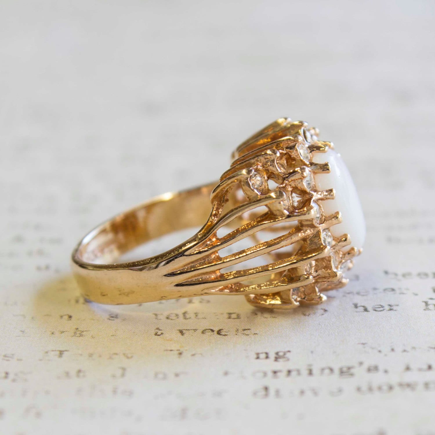 Vintage Ring Genuine Opal and Clear Swarovski Crystals 18k Gold Victorian Style Cocktail Ring #R199 - Limited Stock - Never Worn