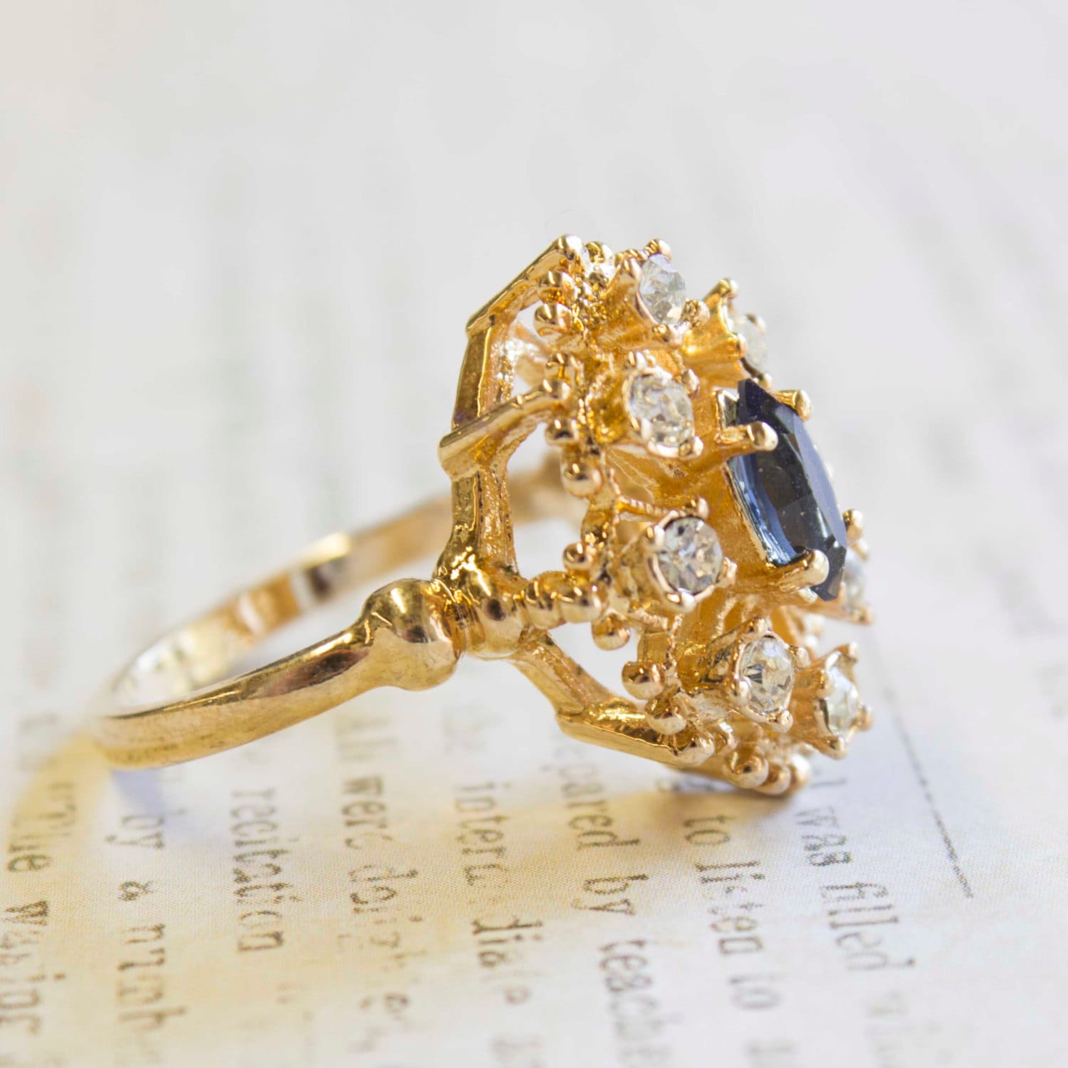Vintage Ring Filigree Cocktail Ring with Sapphire and Clear Swarovski Crystals 18k Gold Edwardian Antique #R250 - Limited Stock - Never Worn