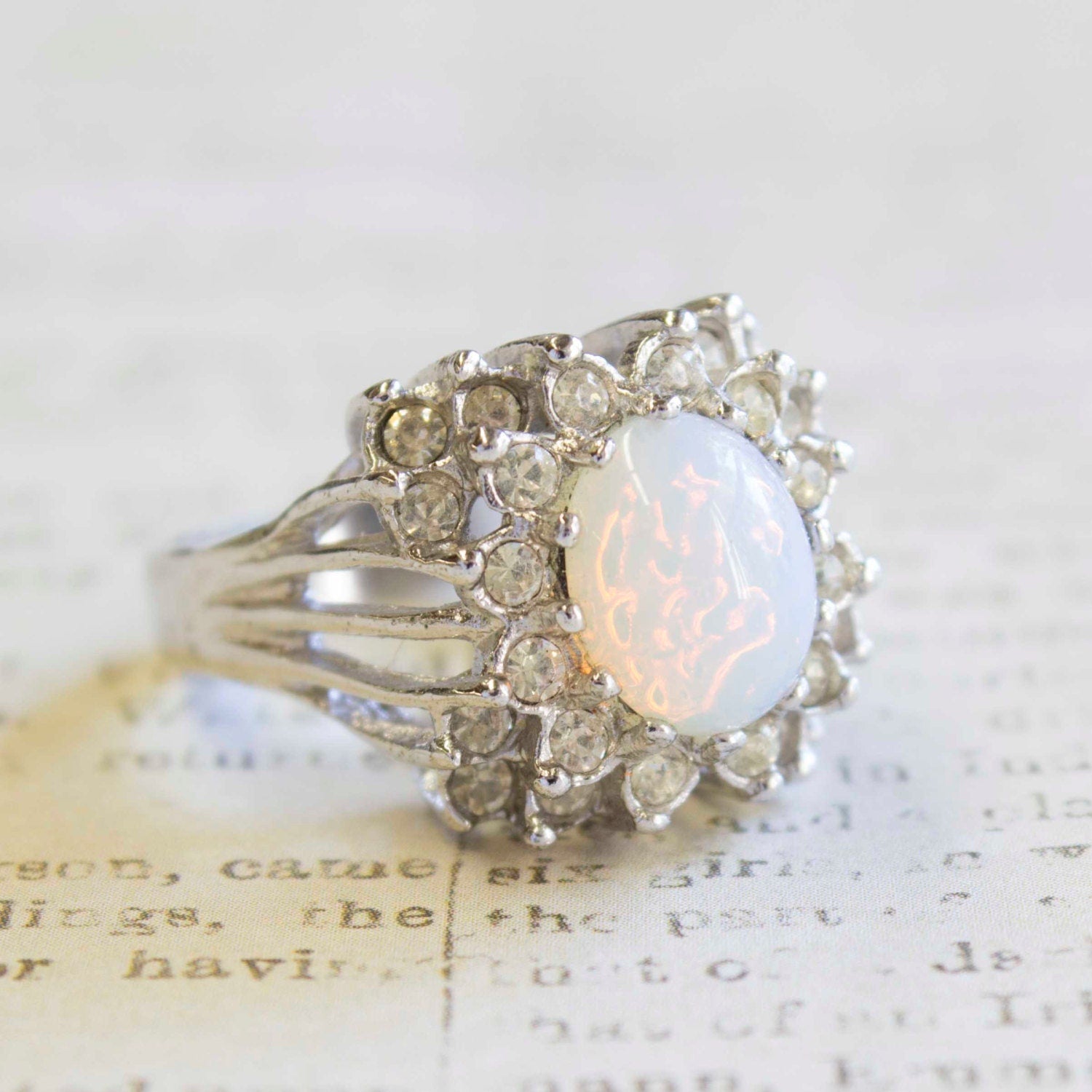 Vintage Ring Pinfire Opal and Clear Swarovski Crystal Ring 18k White Gold Silver  #R199 - Limited Stock - Never Worn