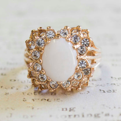 Vintage Genuine Opal & Clear Austrian Crystal 18k Gold Electroplated Victorian Style Ring jewelry image 1