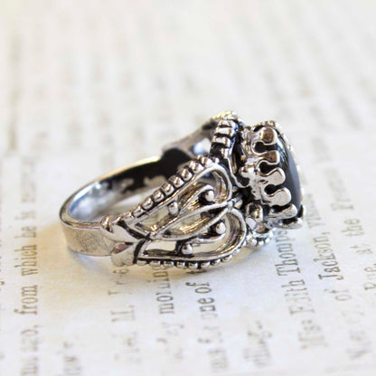 Vintage Ring Genuine Onyx Filigree Style 18k White Gold Silver Ring #R144 - Limited Stock - Never Worn