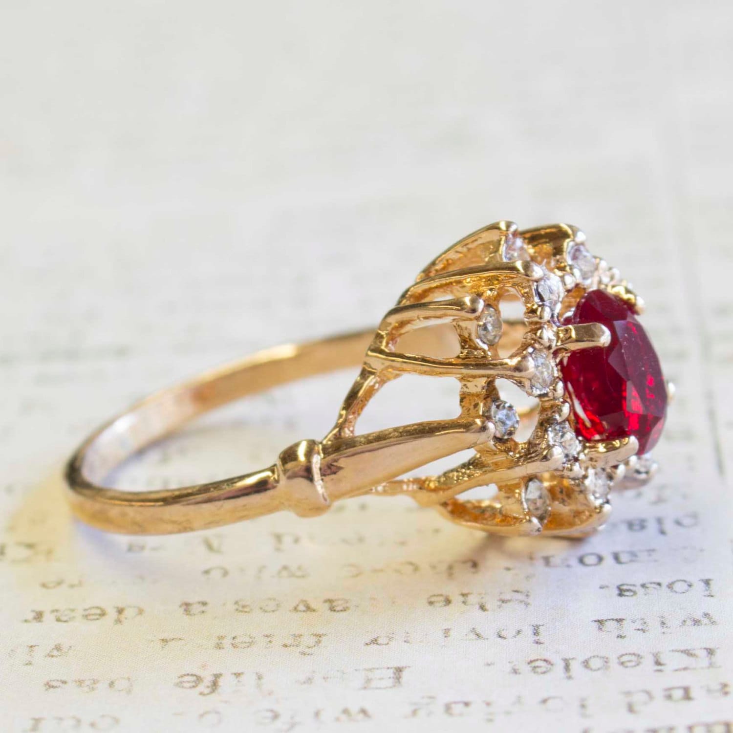 Vintage Ring Ruby and Clear Swarovski Crystals 18k Yellow Gold Electroplated Victorian Style Made in USA #R174