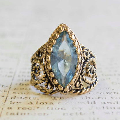 Vintage 1970s Filigree Ring with Aquamarine Austrian Crystal – 18k Yellow Gold Electroplated jewelry image 1