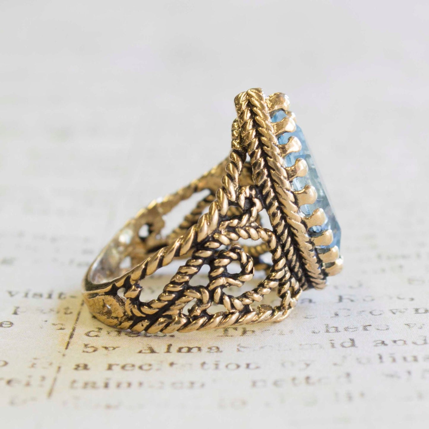 Vintage Ring Filigree Edwardian Style Ring Aquamarine Swarovski Crystal Antique 18k Gold  #R1444 - Limited Stock - Never Worn