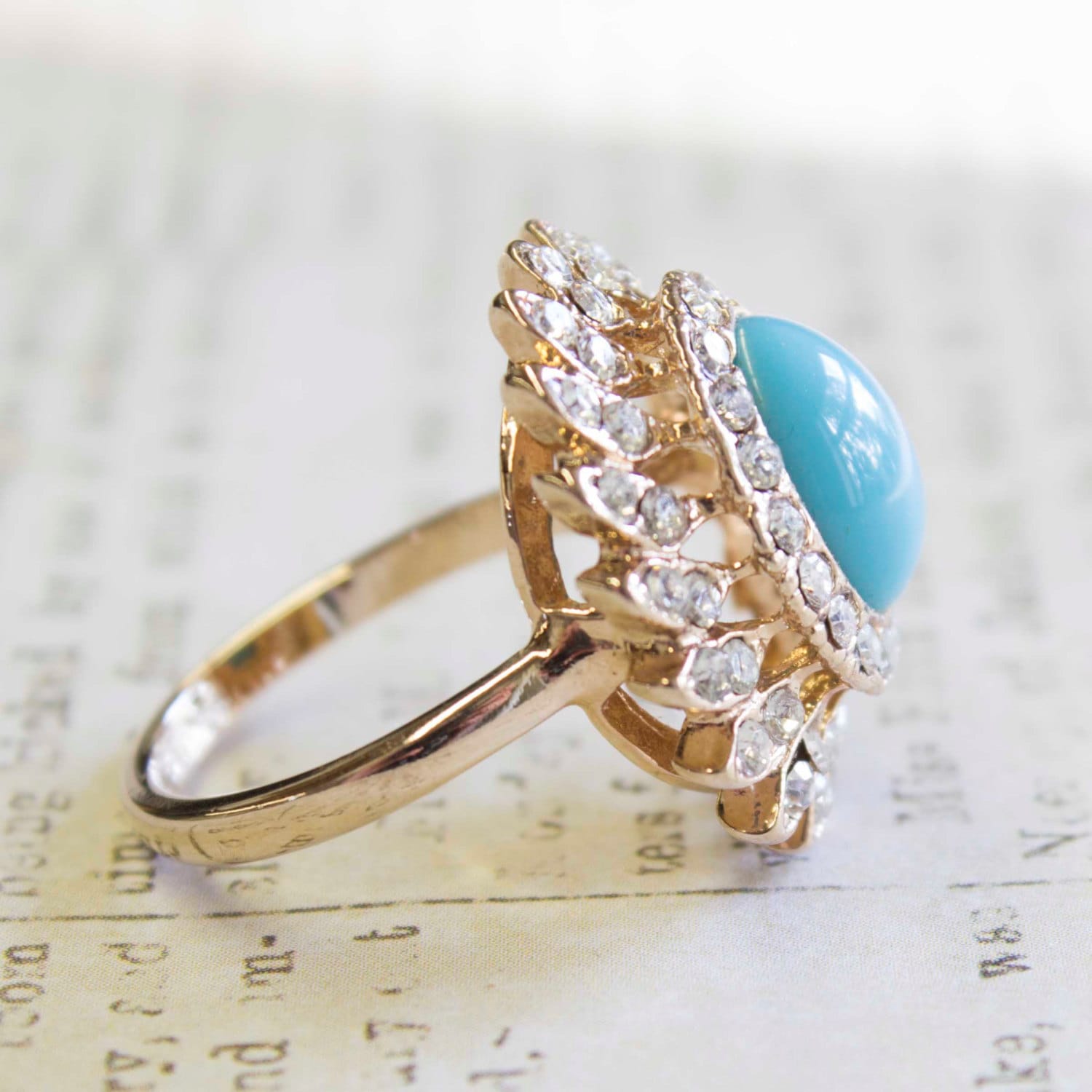 Vintage Ring Turquoise Bead with Clear Swarovski Crystals 18k Gold Ring #R106 - Limited Stock - Never Worn