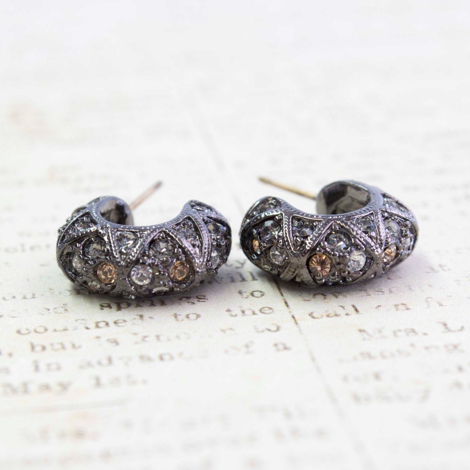 Vintage Earrings Oscar De La Renta Hematite Plated Open Post Hoop Earrings set with Swarovski Crystals #OS140