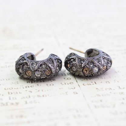 Vintage Earrings Oscar De La Renta Hematite Plated Open Post Hoop Earrings set with Swarovski Crystals #OS140
