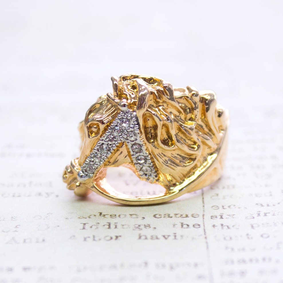 Vintage Ring 1970s Horse Head Ring with Austrian Crystals 18k Gold Handmade Womans Mens Jewlery Equestrian  Limited Stock- Never Worn