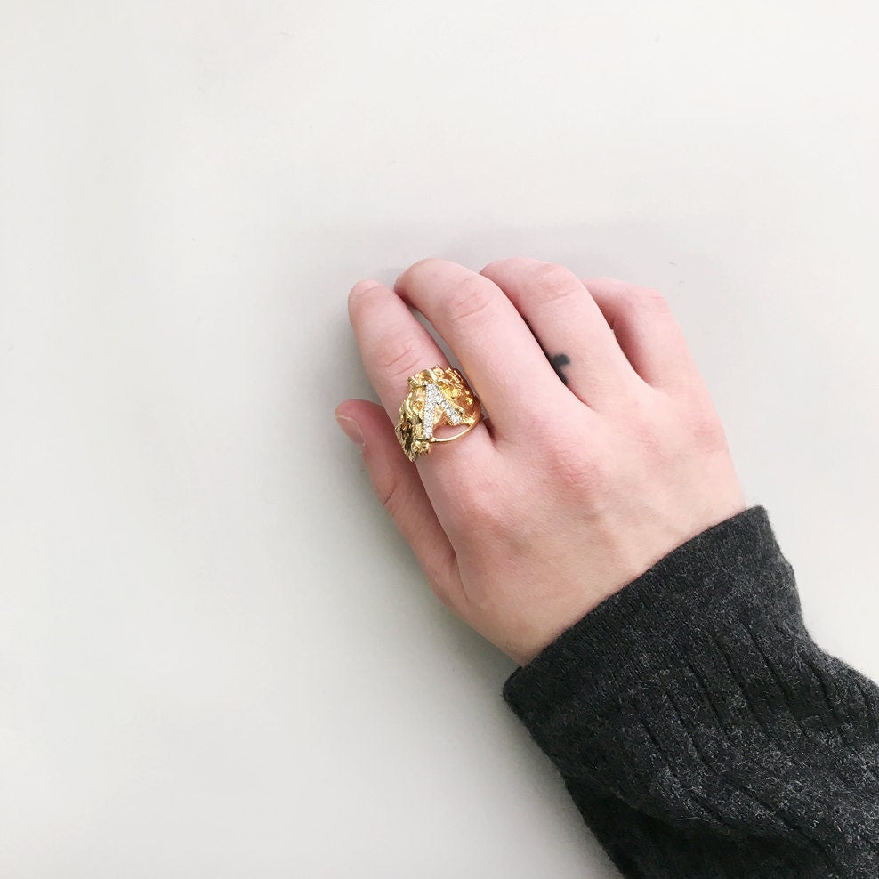 Vintage Ring 1970s Horse Head Ring with Austrian Crystals 18k Gold Handmade Womans Mens Jewlery Equestrian  Limited Stock- Never Worn