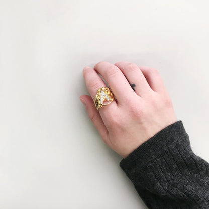 Vintage Ring 1970s Horse Head Ring with Austrian Crystals 18k Gold Handmade Womans Mens Jewlery Equestrian  Limited Stock- Never Worn