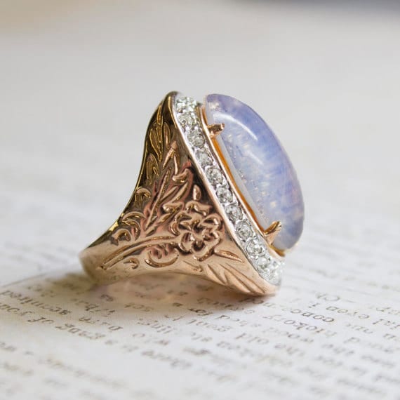 Vintage Ring Antique Rings Large Opal and Clear Austrian Crystals 18kt Gold Cocktail Opals Ring Jewelry Womans #R527