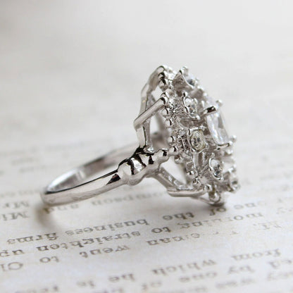 Vintage Ring Cocktail Ring Clear Swarovski Crystals Filigree 18kt White Gold Silver Edwardian Style #R250 - Limited Stock - Never Worn