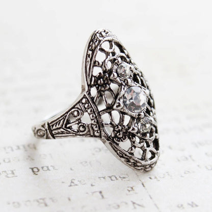 Vintage Ring Antique 18k White Gold Silver Filigree Ring with Clear Swarovski Crystals Womans Jewelry #R853 - Limited Stock - Never Worn