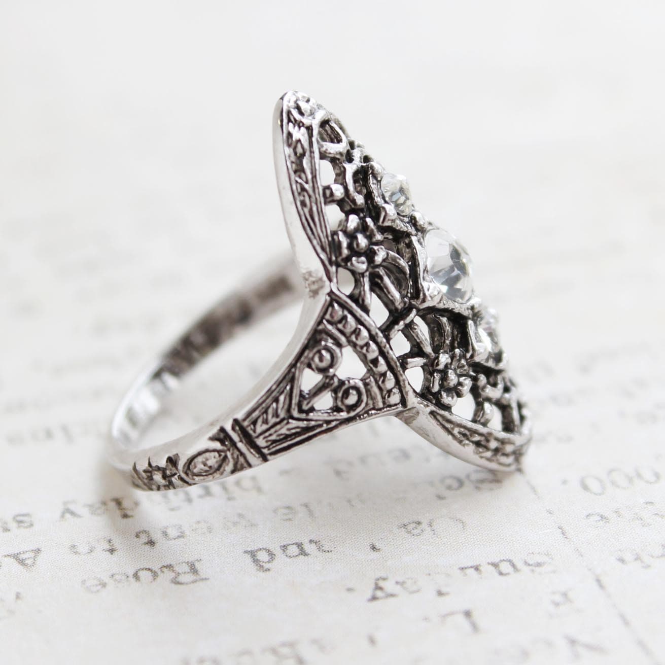 Vintage Ring Antique 18k White Gold Silver Filigree Ring with Clear Swarovski Crystals Womans Jewelry #R853 - Limited Stock - Never Worn