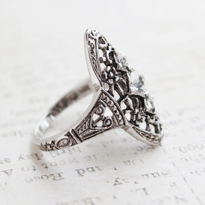 Vintage Ring Antique 18k White Gold Silver Filigree Ring with Clear Swarovski Crystals Womans Jewelry #R853 - Limited Stock - Never Worn